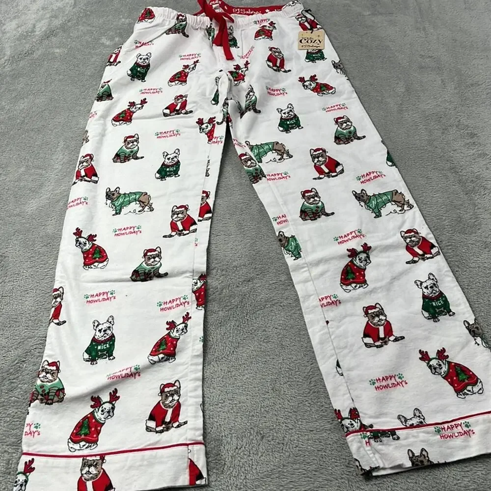 NEW PJ Salvage S‎ 100% Cotton Ivory Happy Howlidays Allover Bulldog Dog Print